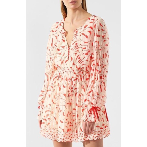 SELF-PORTRAIT Crescent Chiffon Printed Cape Lovecore Red and Cream Dress - Picture 2 of 11